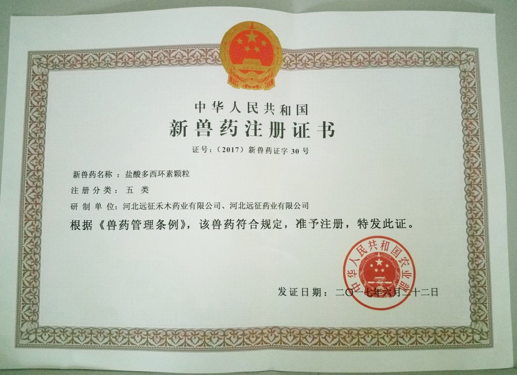 遠(yuǎn)征藥業(yè)喜獲“鹽酸多西環(huán)素顆?！毙芦F藥證書